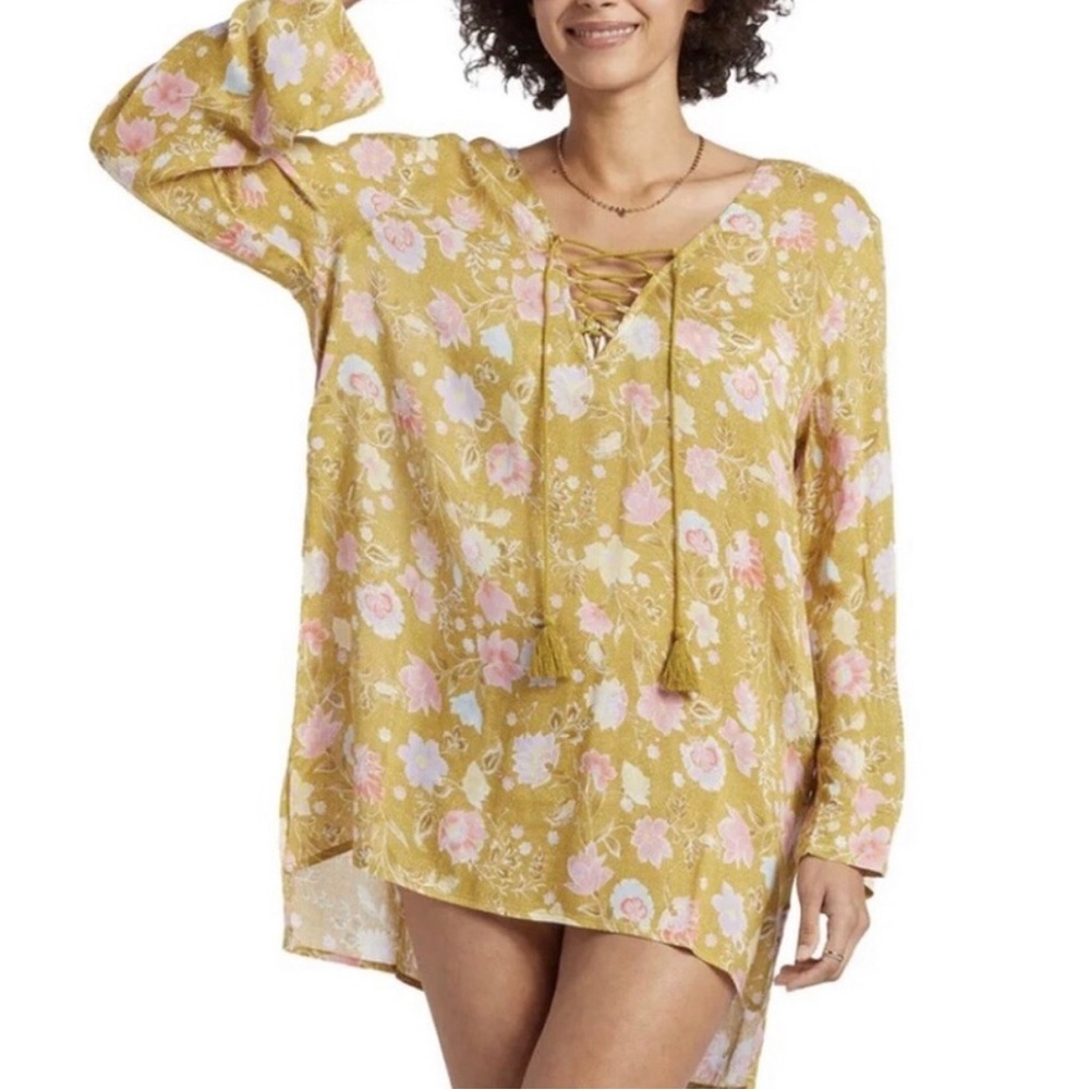 BILLABONG LIME GREEN FLORAL SWIM COVERUP/ BOHO TOP • FRONT TIE W TASSELS • Sz M